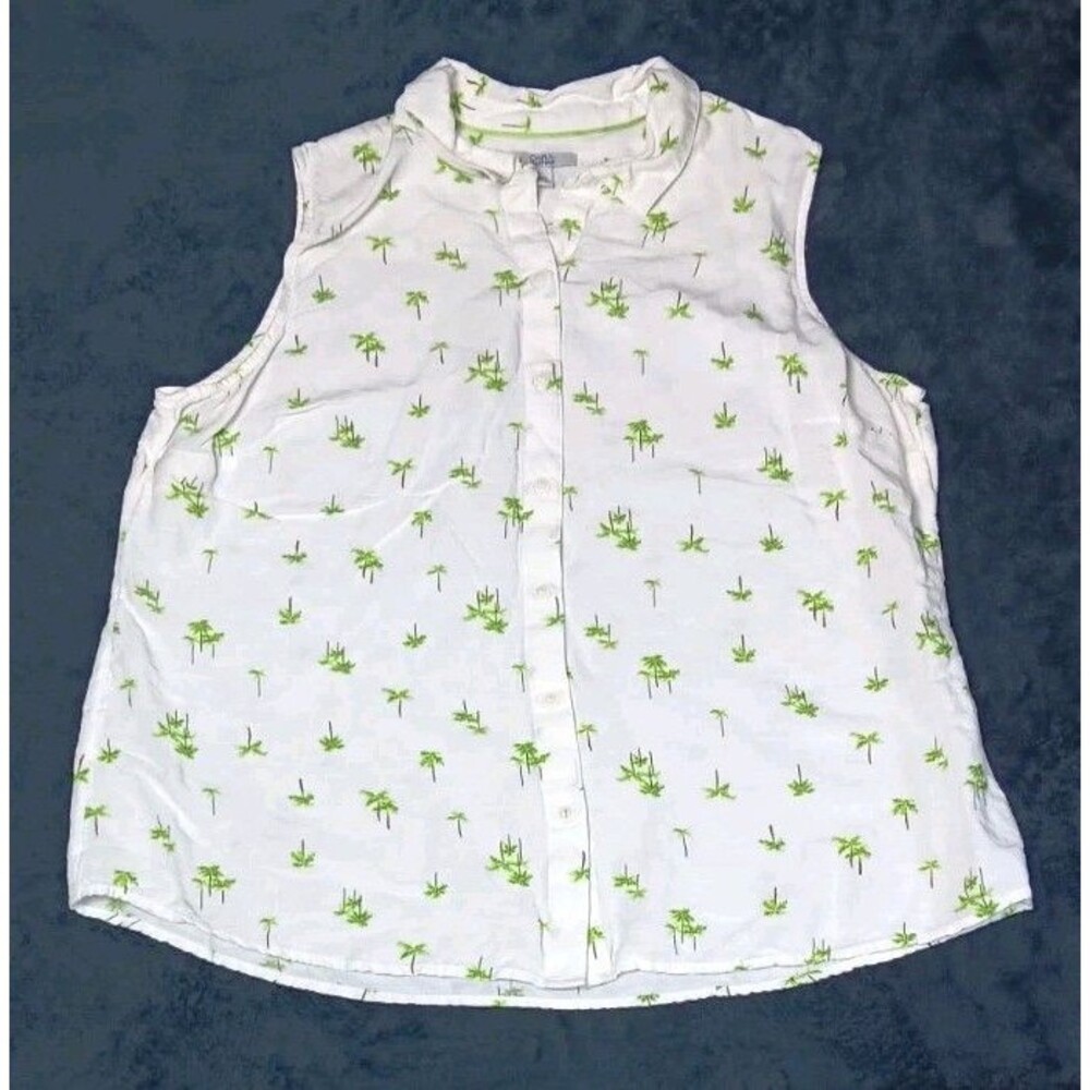 Croft Barrow Sleeveless Linen Blend Button Up Blouse XXL White Palm Tree Coastal